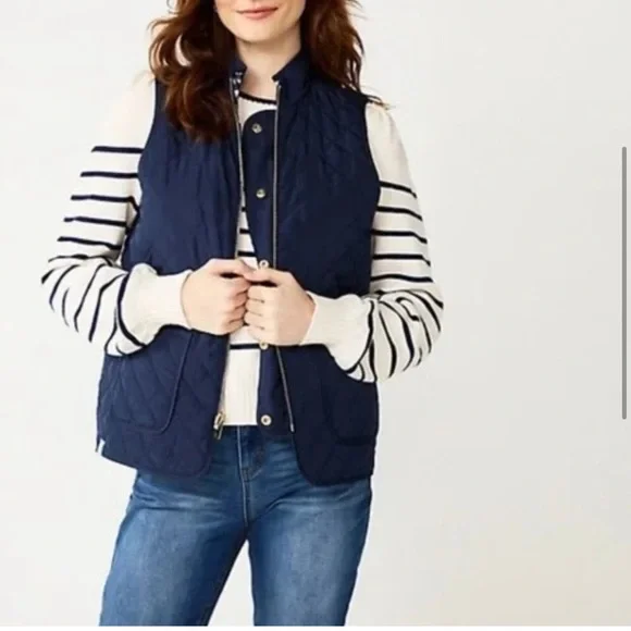 Draper James RSVP Womens Reversible Quilted Checkered Vest Navy White, Sz. M. - Picture 3 of 6